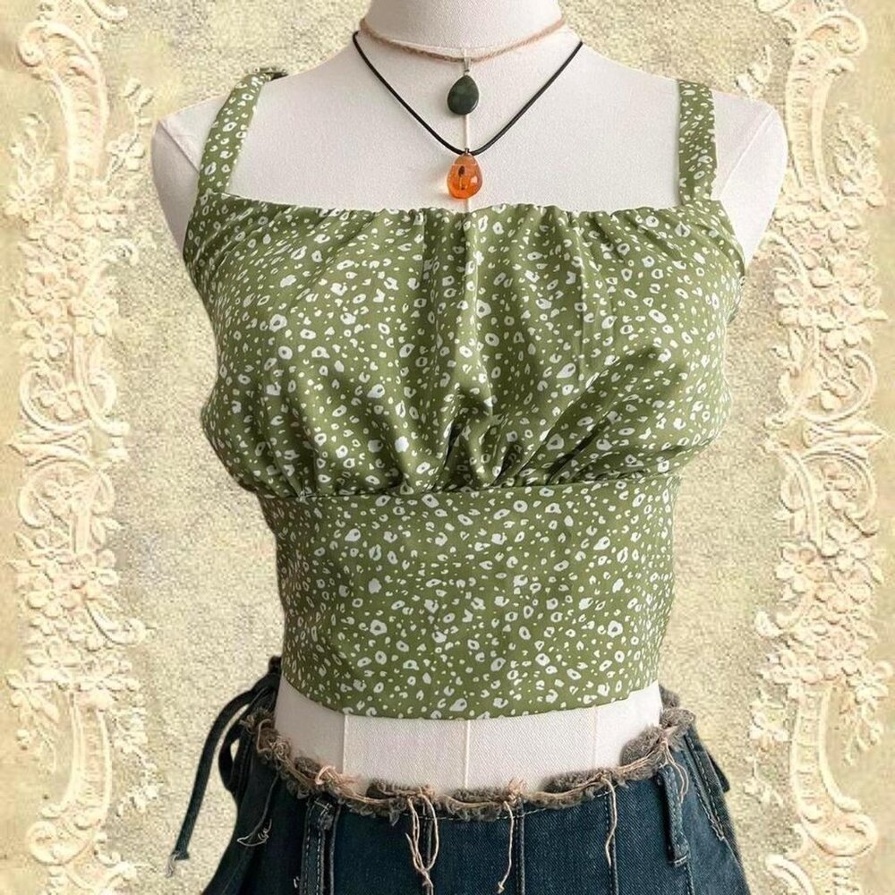 Cottagecore Coquette Green Floral Crop Top Cami